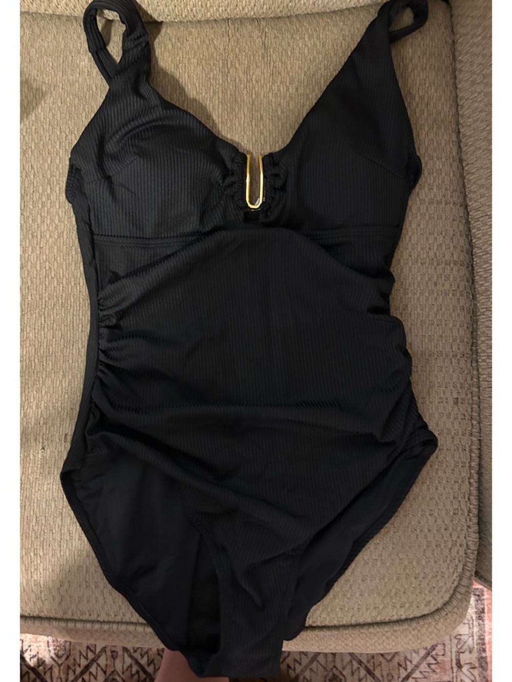 Black Ribbed One-Piece Swimsuit with Gold U-Bar